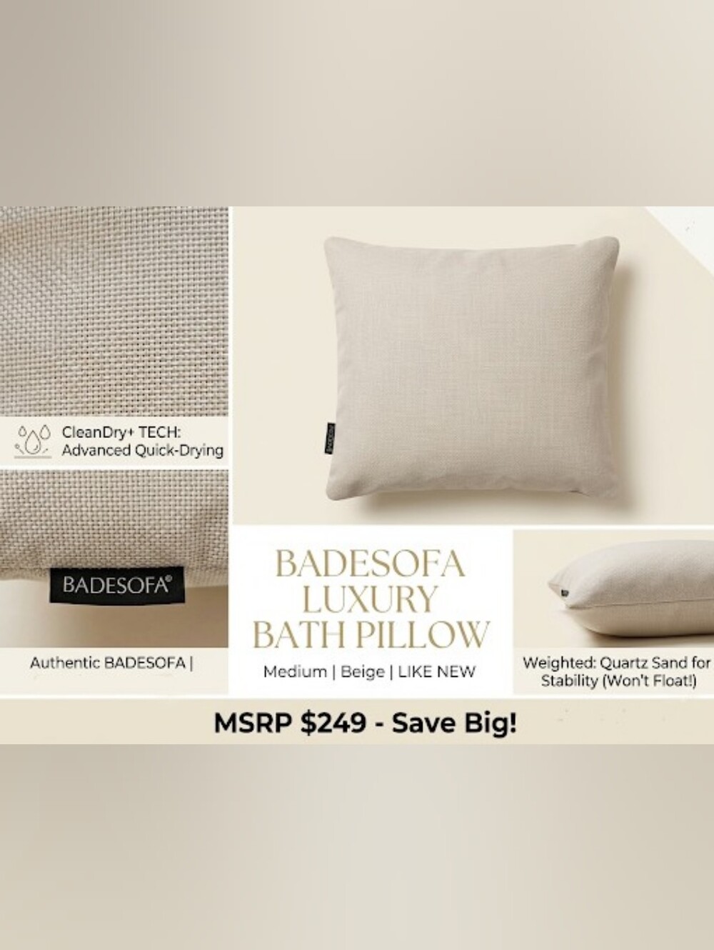 BADESOFA Premium Bath Pillow - Tub Cushion - Medium - Beige Heathered- Open Box